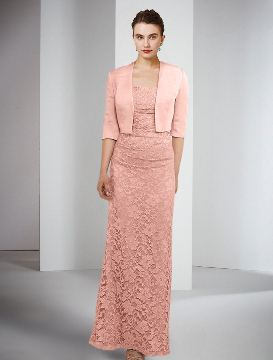 Luolandi Two Piece Sheath / Column Mother of the Bride Dress Formal Wedding Guest Elegant Winter With Jacket Half Sleeve Square Neck Floor Length Satin Lace